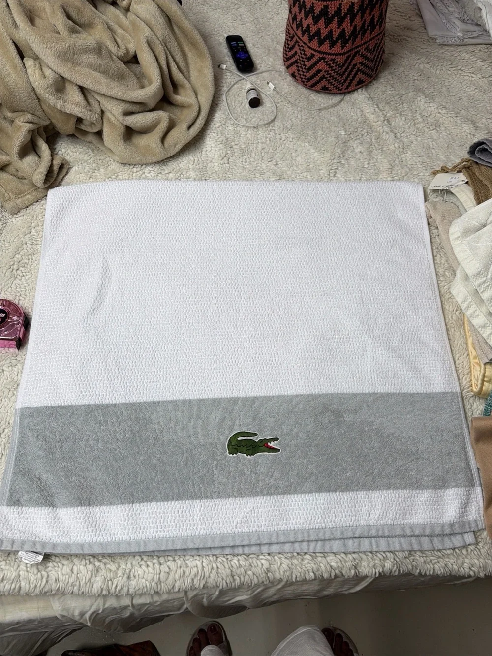 Lacoste White Towel with Gray Band and Green Crocodile Embroidery 100% Cotton